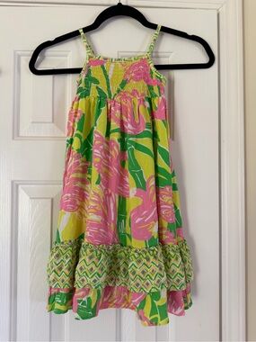 Lilly Pulitzer Target Flamingo Fan Dance Maxi Dress Smocked Rayon Girls Size 3T